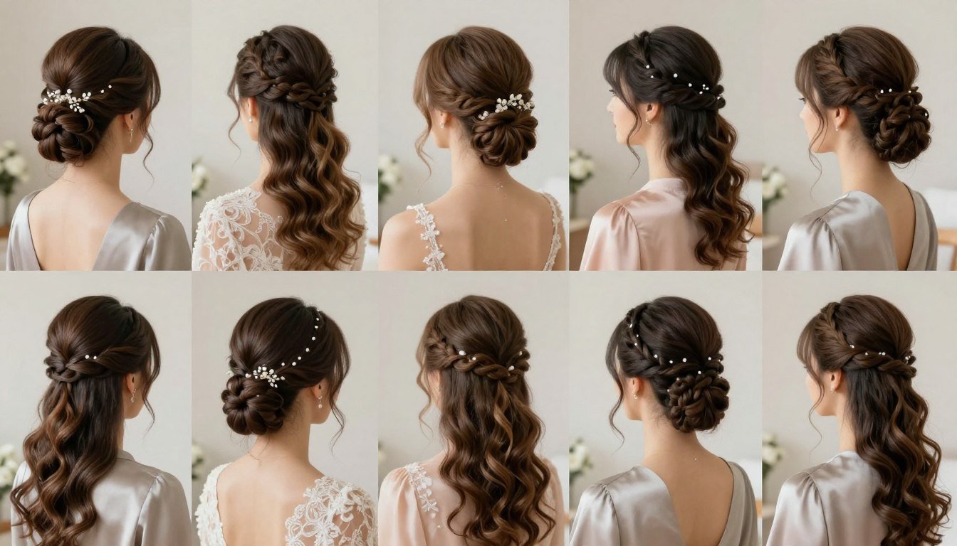 Collection of elegant bridesmaid hairstyles featuring updos, waves, and braids