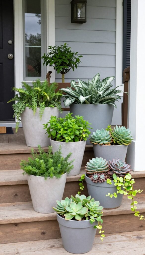 Collection of face planters arranged on porch steps with varied plants Collection of face planters arranged on porch steps with varied plants