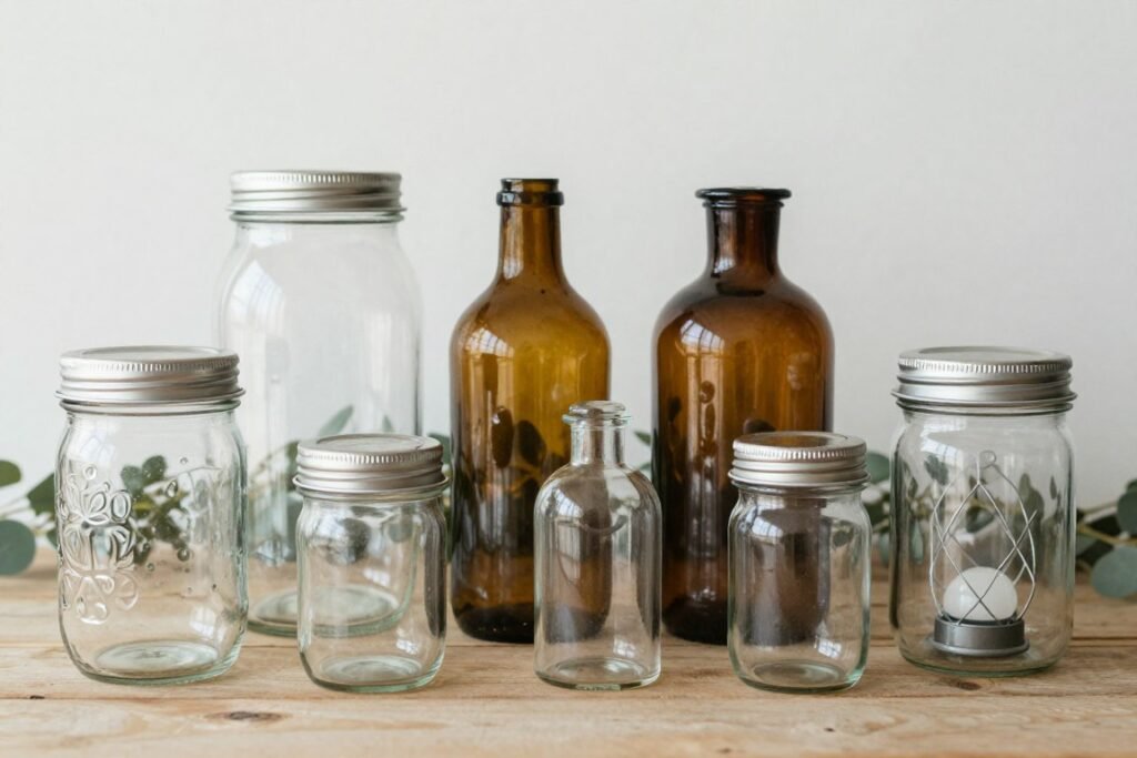 Collection of glass containers for rustic weddings including mason jars and vintage bottles