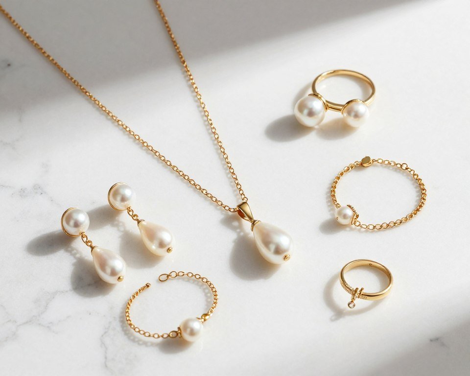 Collection of gold and pearl jewelry pieces styled for butter yellow bridesmaid dresses