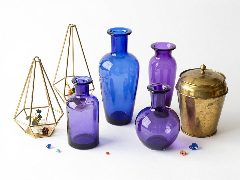 Collection of gold geometric terrariums, colored glass vases, and vintage brass containers for jewel tone centerpieces Collection of gold geometric terrariums, colored glass vases, and vintage brass containers for jewel tone centerpieces