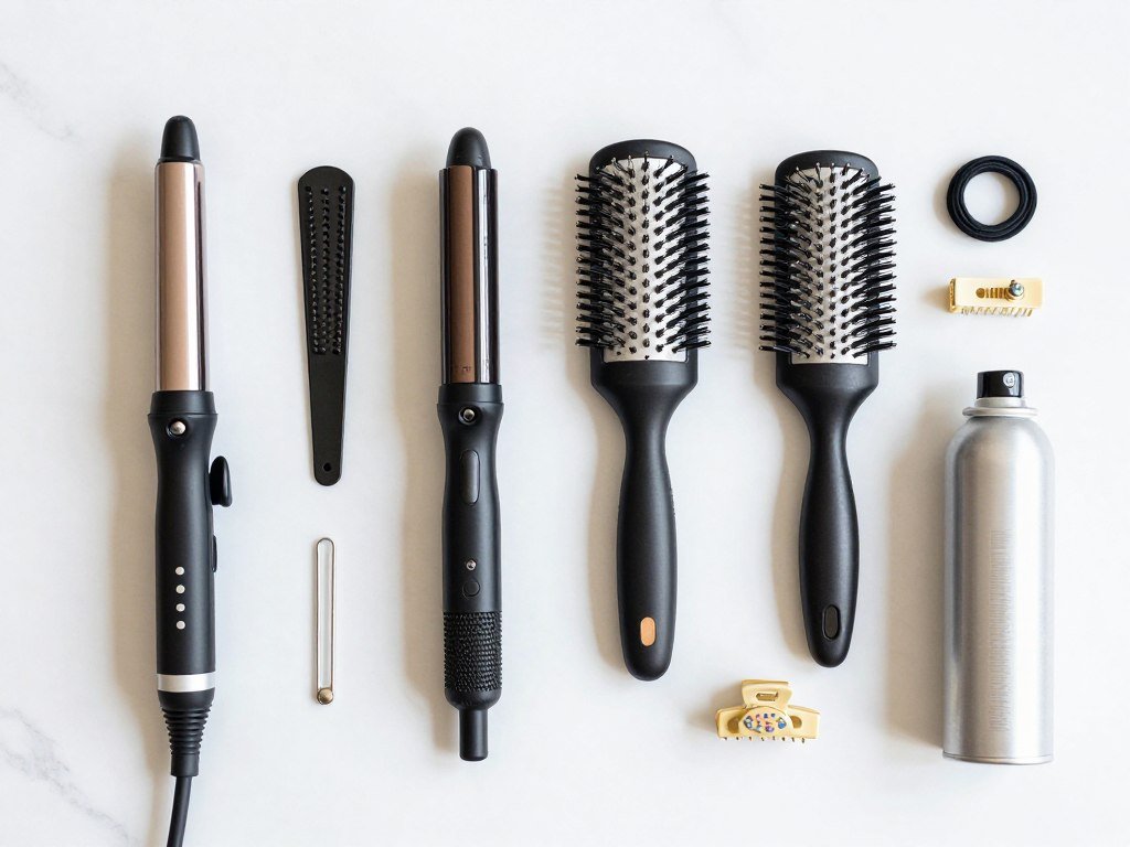 Collection of hair styling tools including curling iron, brushes, and hair accessories