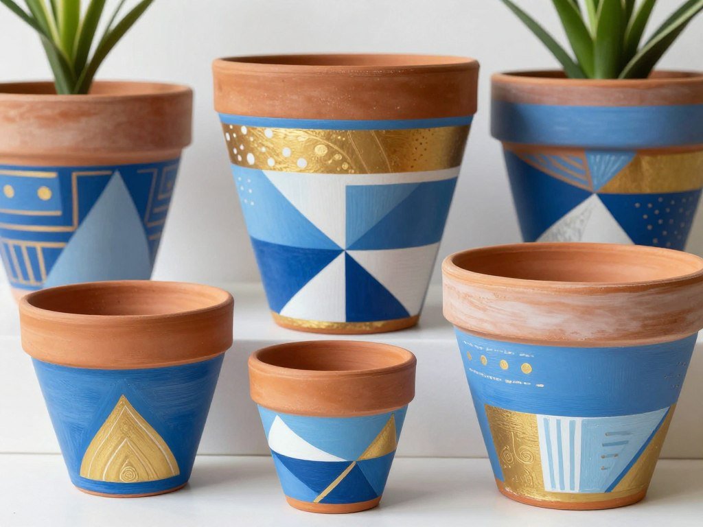 Collection of hand-painted terracotta pots with geometric patterns, color blocks, and artistic designs Collection of hand-painted terracotta pots with geometric patterns, color blocks, and artistic designs