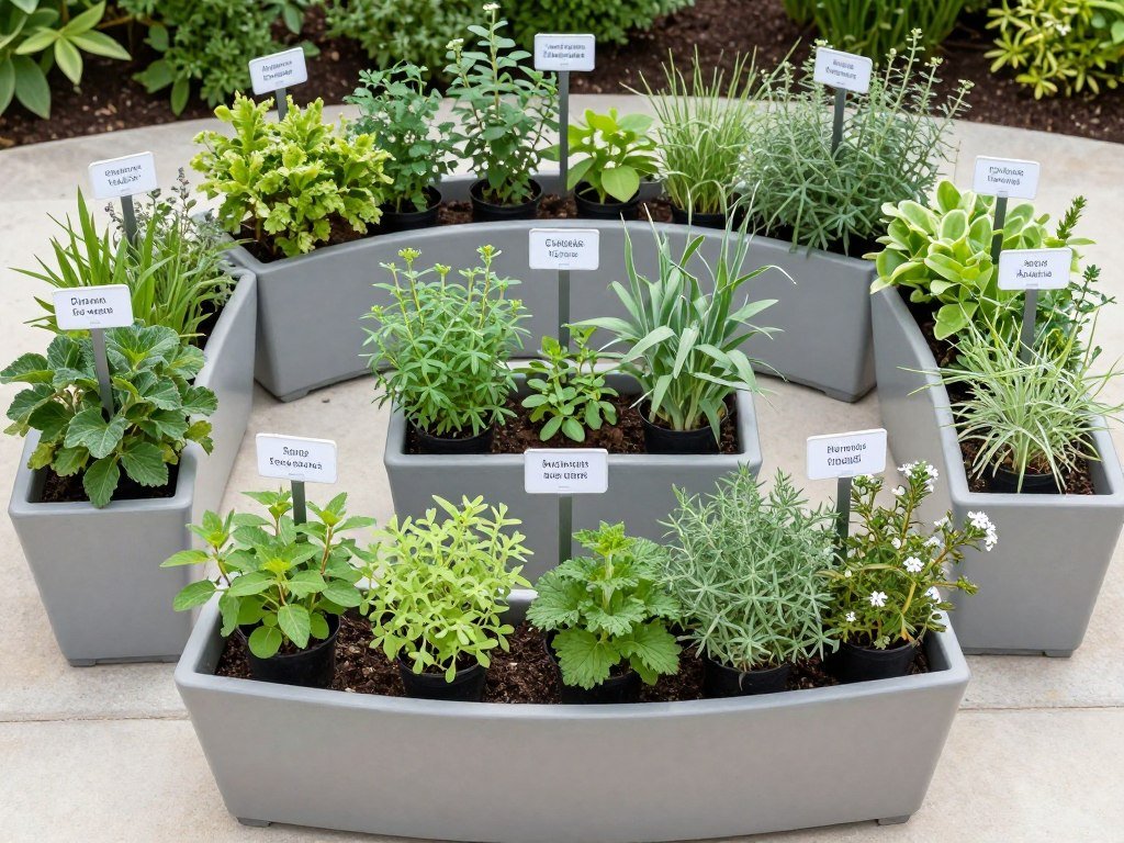 Collection of herb planter boxes arranged as a themed garden Collection of herb planter boxes arranged as a themed garden
