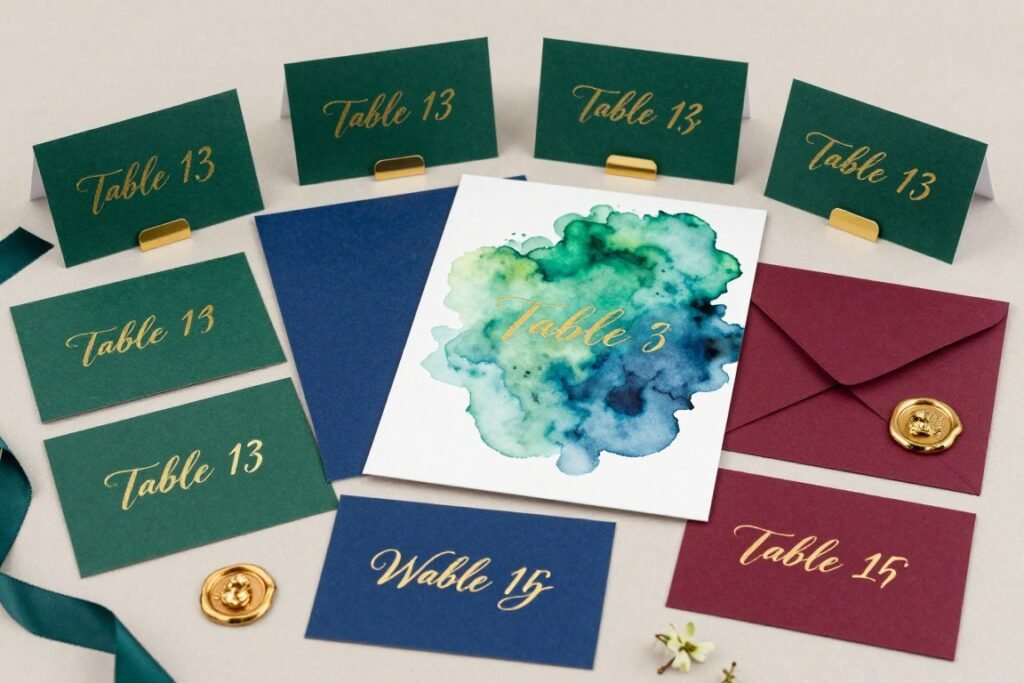 Collection of jewel tone name cards and table numbers with gold calligraphy Collection of jewel tone name cards and table numbers with gold calligraphy