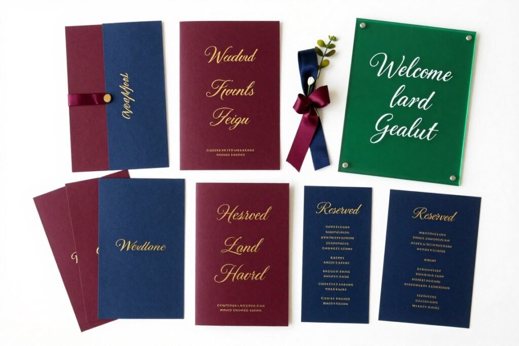 Collection of jewel tone wedding programs, welcome signs, and ceremony stationery Collection of jewel tone wedding programs, welcome signs, and ceremony stationery
