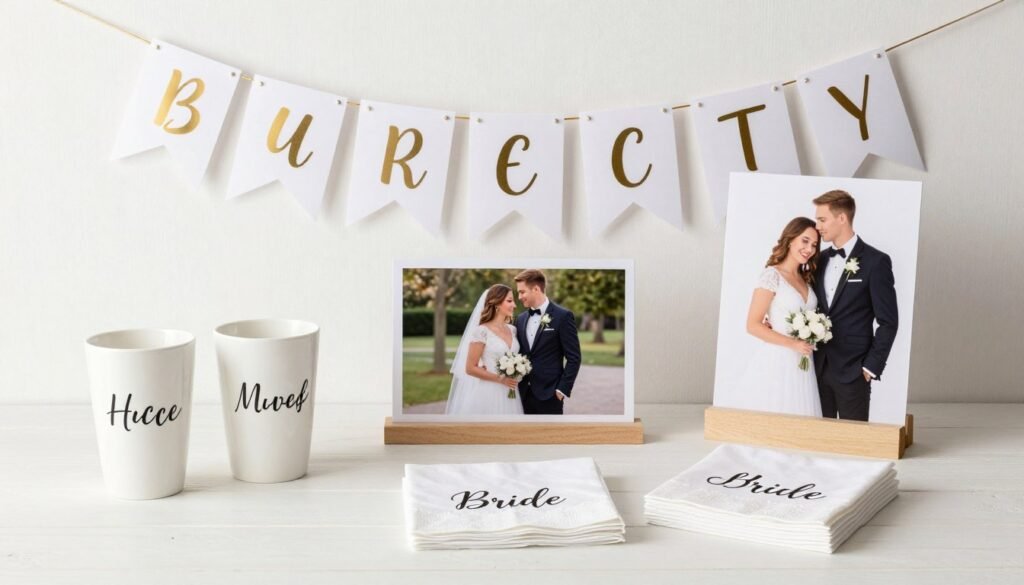 Collection of personalized bachelorette decor items including custom cups, banners, and photo displays Collection of personalized bachelorette decor items including custom cups, banners, and photo displays