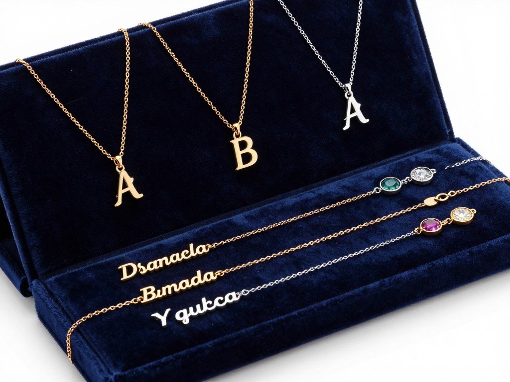 Collection of personalized bridesmaid jewelry including name bracelets and initial necklaces displayed on velvet