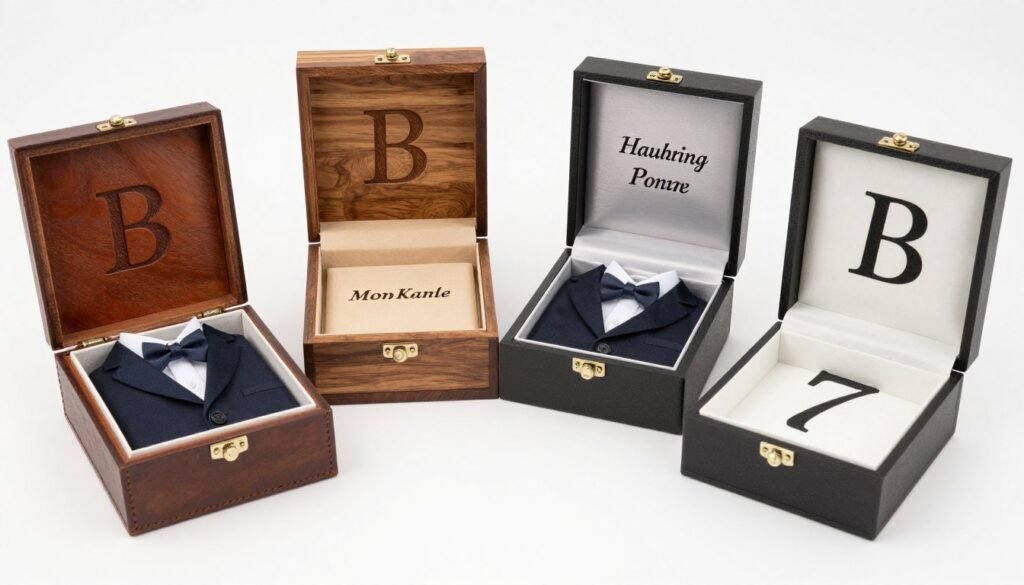Collection of personalized groomsmen proposal boxes with monograms and custom engraving