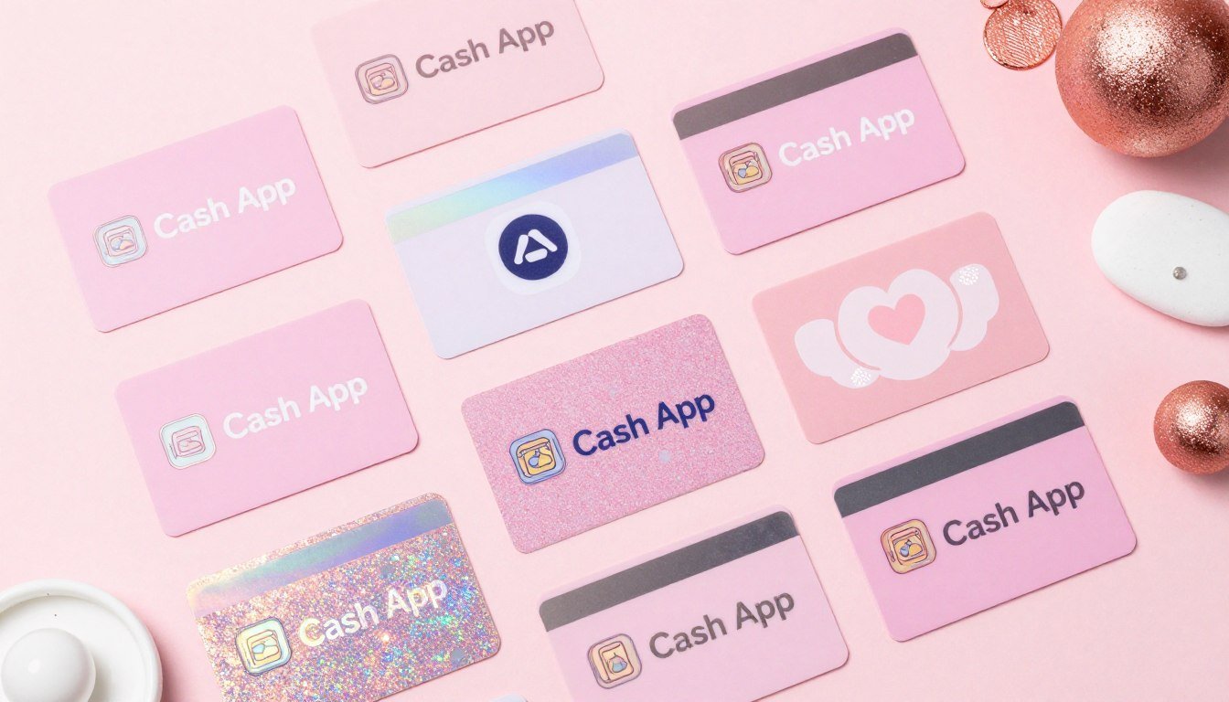Collection of pink cashapp card ideas with various aesthetic designs and stickers