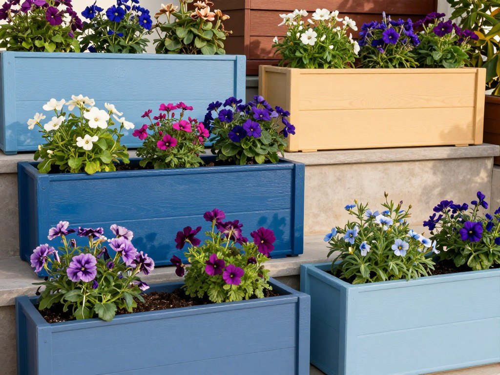 Collection of planter boxes with coordinated color scheme of plants and containers Collection of planter boxes with coordinated color scheme of plants and containers
