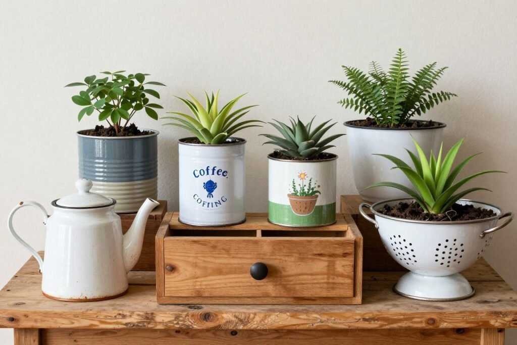 Collection of repurposed household items transformed into creative planters