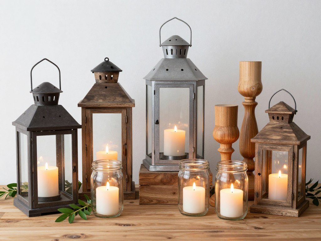 Collection of rustic lanterns and candle holders for wedding decor