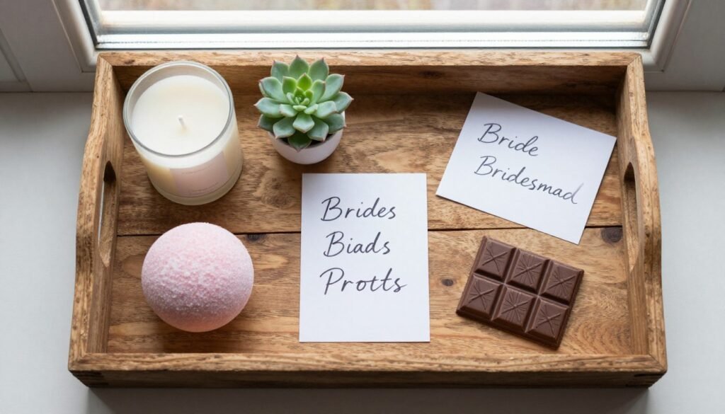 Collection of simple bridesmaid proposal gifts on wooden tray