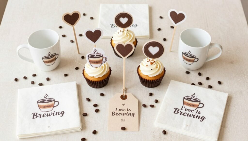 Collection of small coffee-themed decorative accents for love is brewing bridal shower