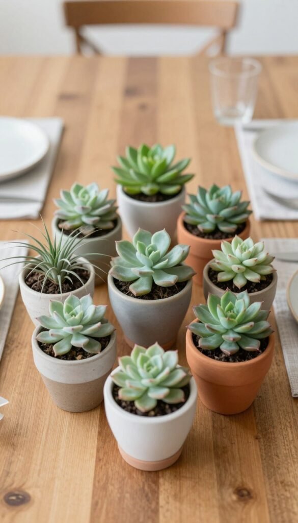 Collection of small face pots arranged as a centerpiece on a dining table Collection of small face pots arranged as a centerpiece on a dining table