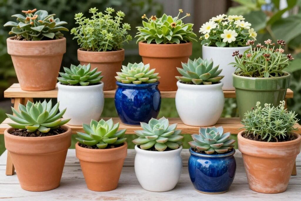 Collection of terracotta and ceramic planters in various sizes with different plants and decorative elements Collection of terracotta and ceramic planters in various sizes with different plants and decorative elements