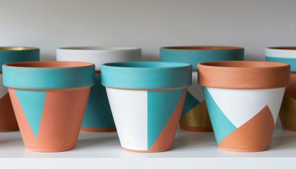 Collection of terracotta pots painted with bold geometric patterns in various colors