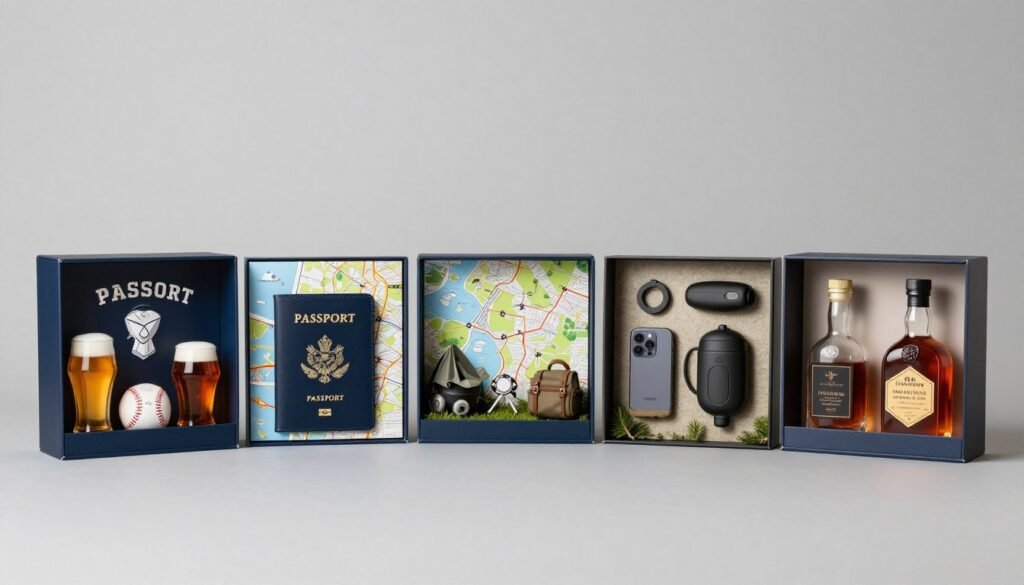 Collection of themed groomsmen proposal boxes showing sports, travel, and outdoor themes