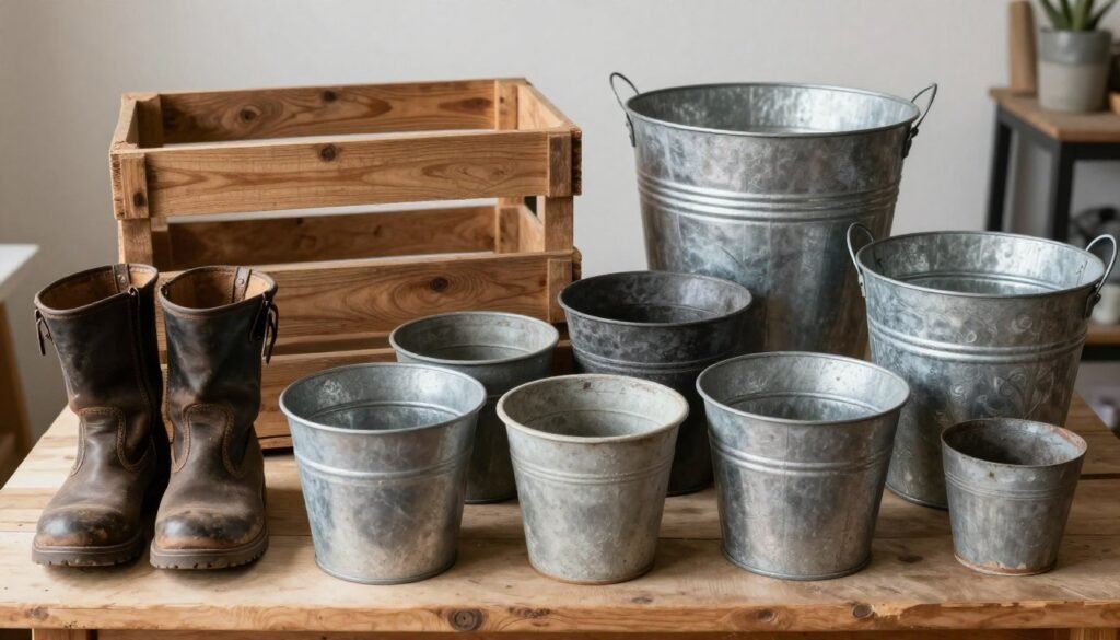 Collection of upcycled items that can be repurposed into planters Collection of upcycled items that can be repurposed into planters