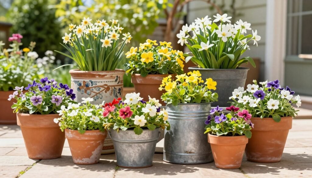 Collection of various spring planters arranged on a sunny patio
