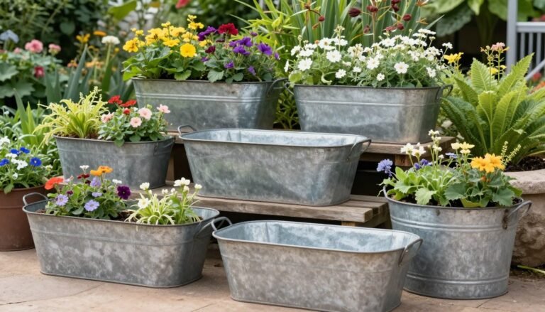 Collection of vintage galvanized wash tubs in various sizes arranged in a garden setting with wash tub planter ideas visible