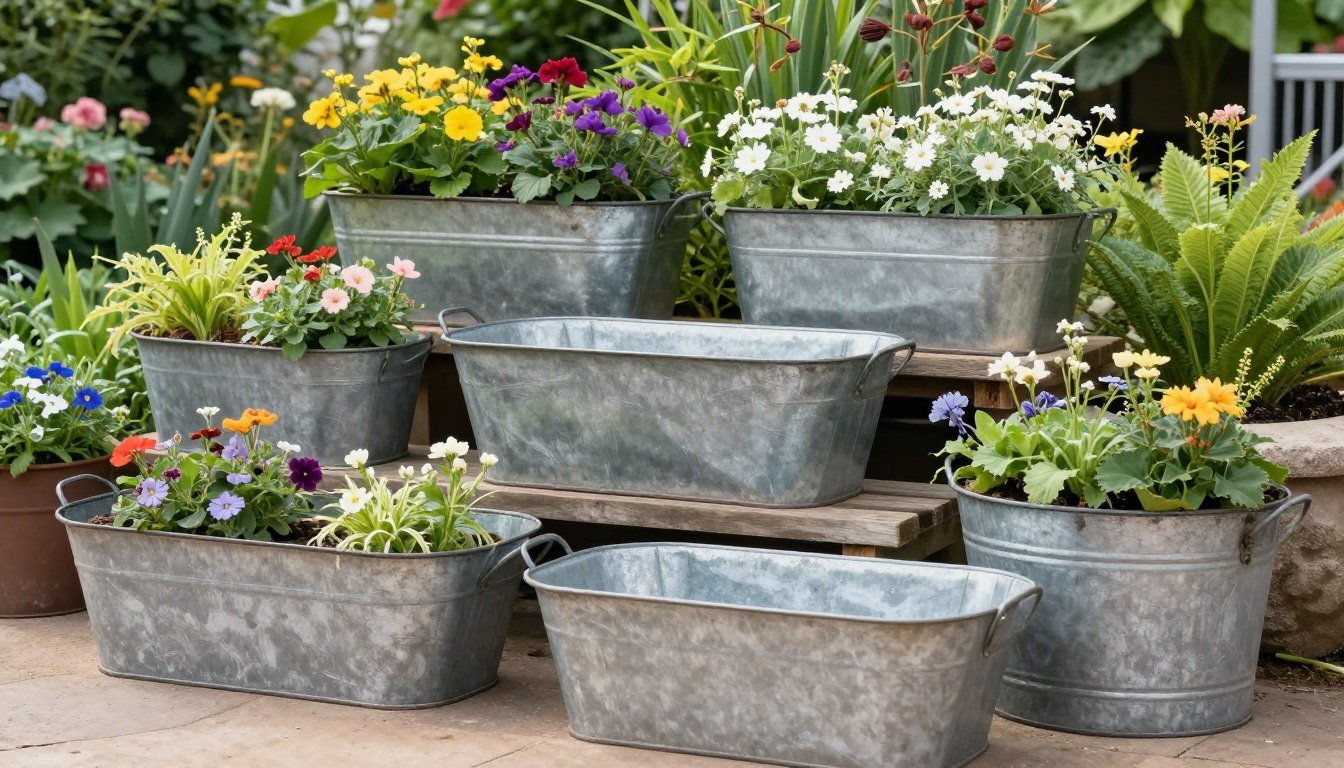Collection of vintage galvanized wash tubs in various sizes arranged in a garden setting with wash tub planter ideas visible
