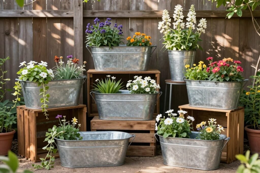 Collection of wash tub planters arranged at different heights with various flowers creating a wash tub planter display