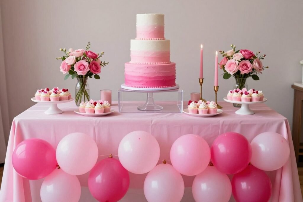 Color-coordinated birthday cake table in shades of pink with ombré effect and matching decorations