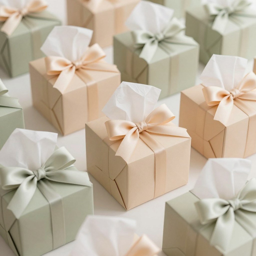 Color-coordinated groomsmen gift boxes matching wedding theme