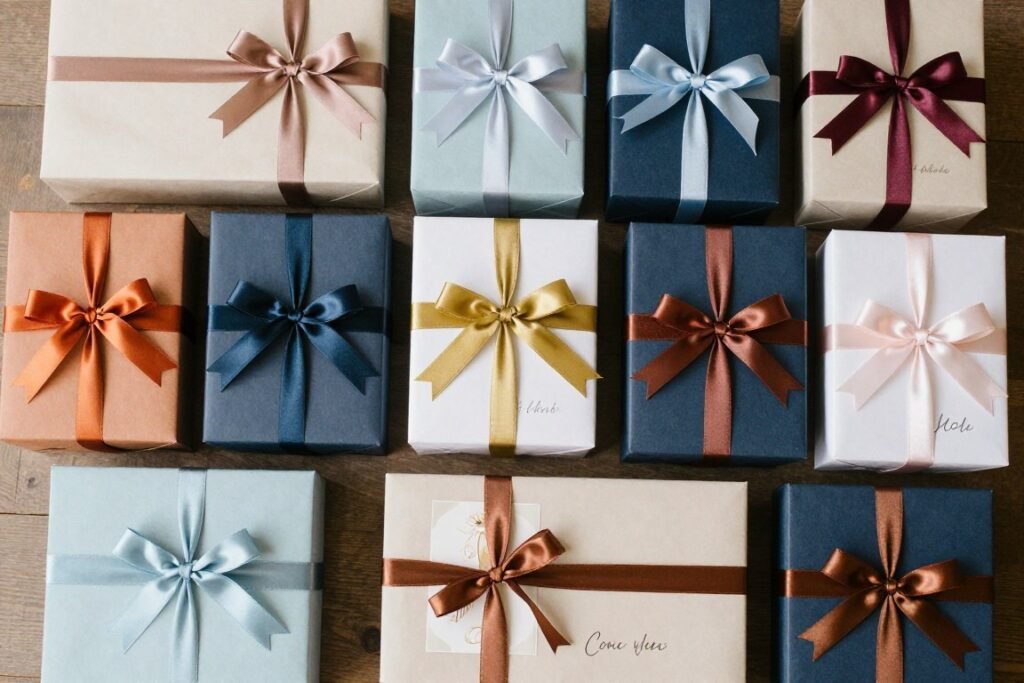 Color coordinated groomsmen proposal boxes showing theme integration