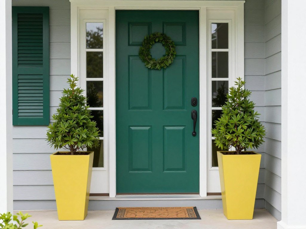 Color-coordinated tall planters that complement the front door and home exterior colors Color-coordinated tall planters that complement the front door and home exterior colors