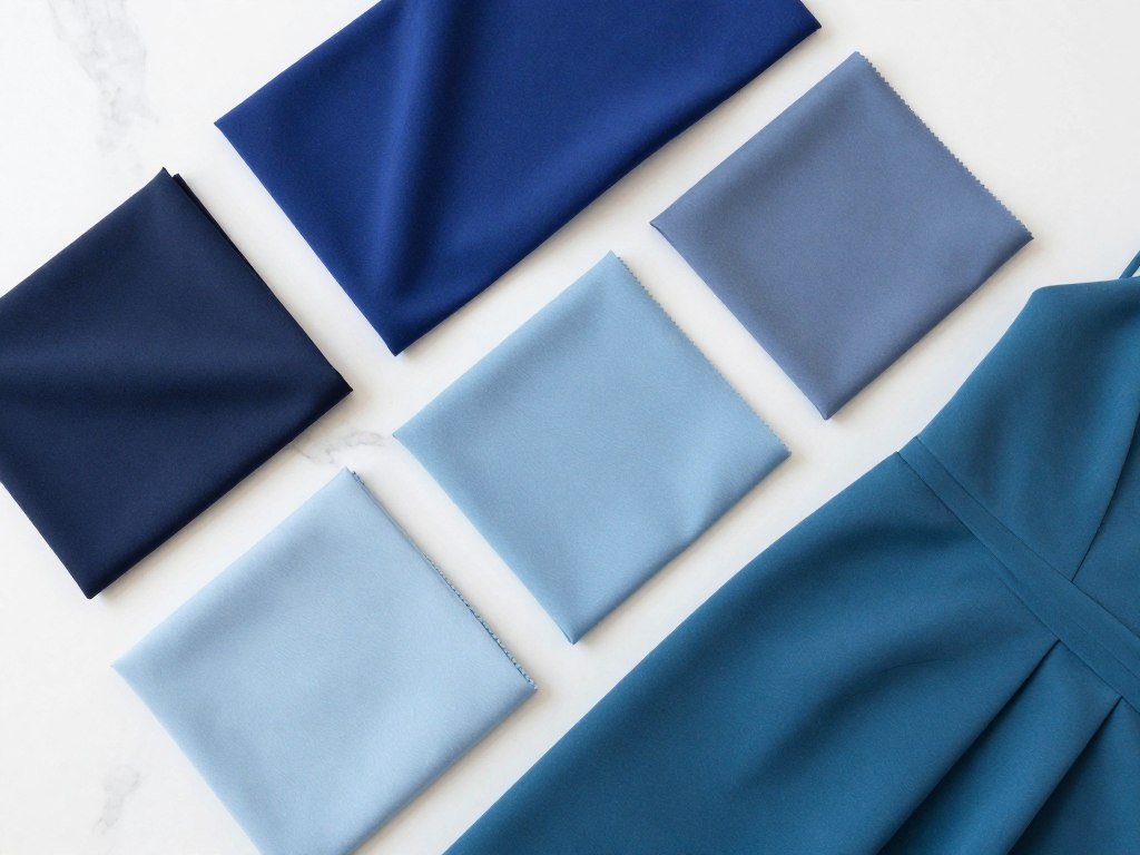 Color palette showing navy, royal blue, dusty blue, and sky blue fabric swatches arranged aesthetically