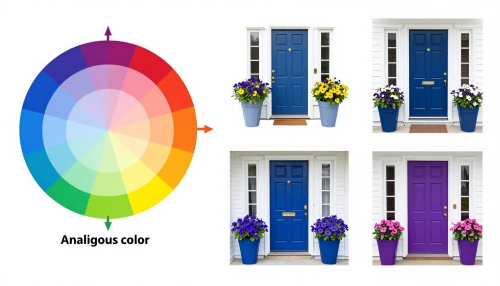 Color wheel showing complementary and analogous color combinations for front door planters with example arrangements Color wheel showing complementary and analogous color combinations for front door planters with example arrangements