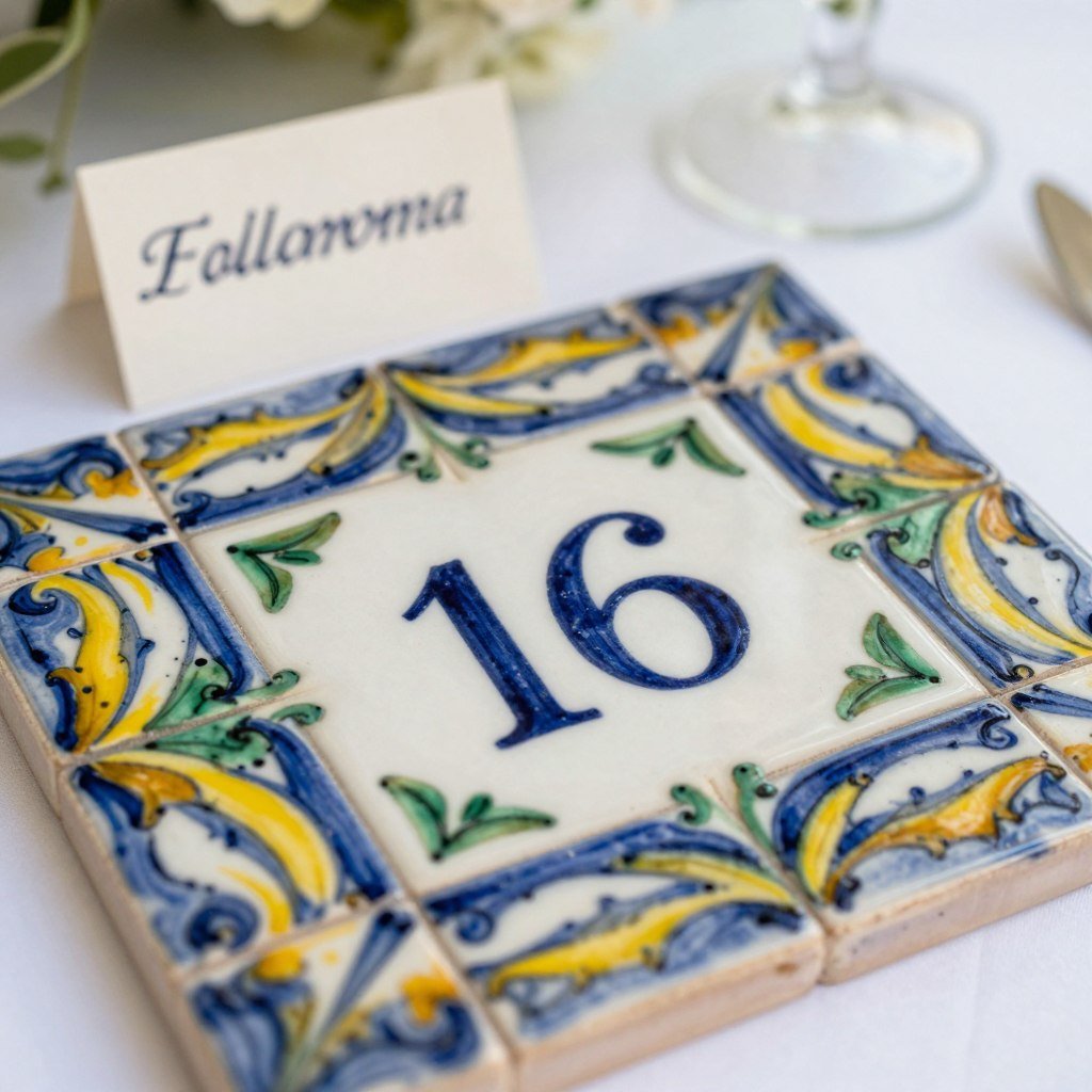 Colorful Talavera tiles used as place cards and table numbers at a hacienda wedding Colorful Talavera tiles used as place cards and table numbers at a hacienda wedding
