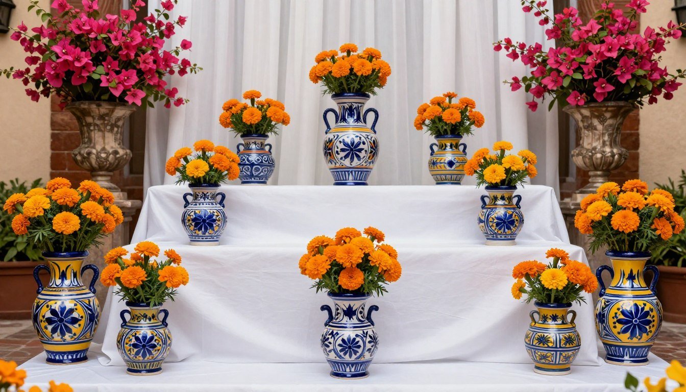 Colorful Talavera wedding altar decoration with blue and yellow pottery pieces and vibrant flowers