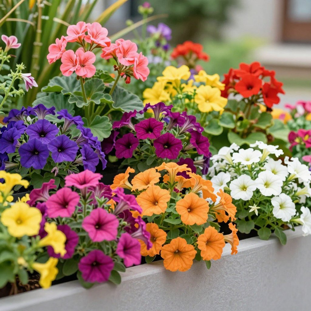 Colorful annual flowers blooming in outdoor wall planters