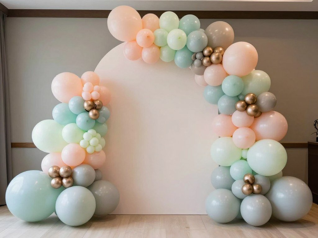 Colorful balloon arch backdrop decoration for a birthday party with organic design