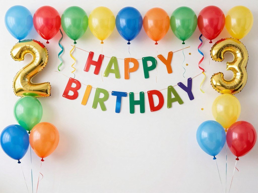 Colorful birthday party backdrop decoration with balloons and festive elements