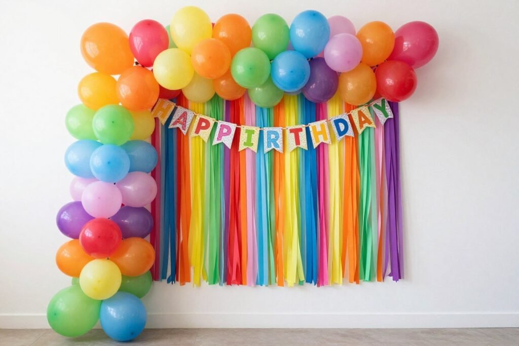 Colorful birthday party backdrop with balloons and streamers Colorful birthday party backdrop with balloons and streamers