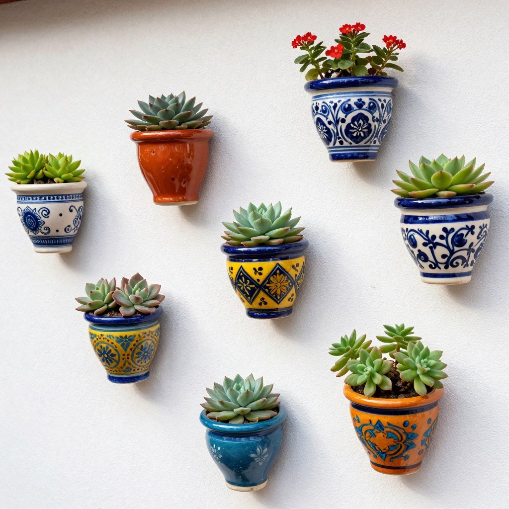 Colorful ceramic wall planters in various designs mounted on an outdoor wall