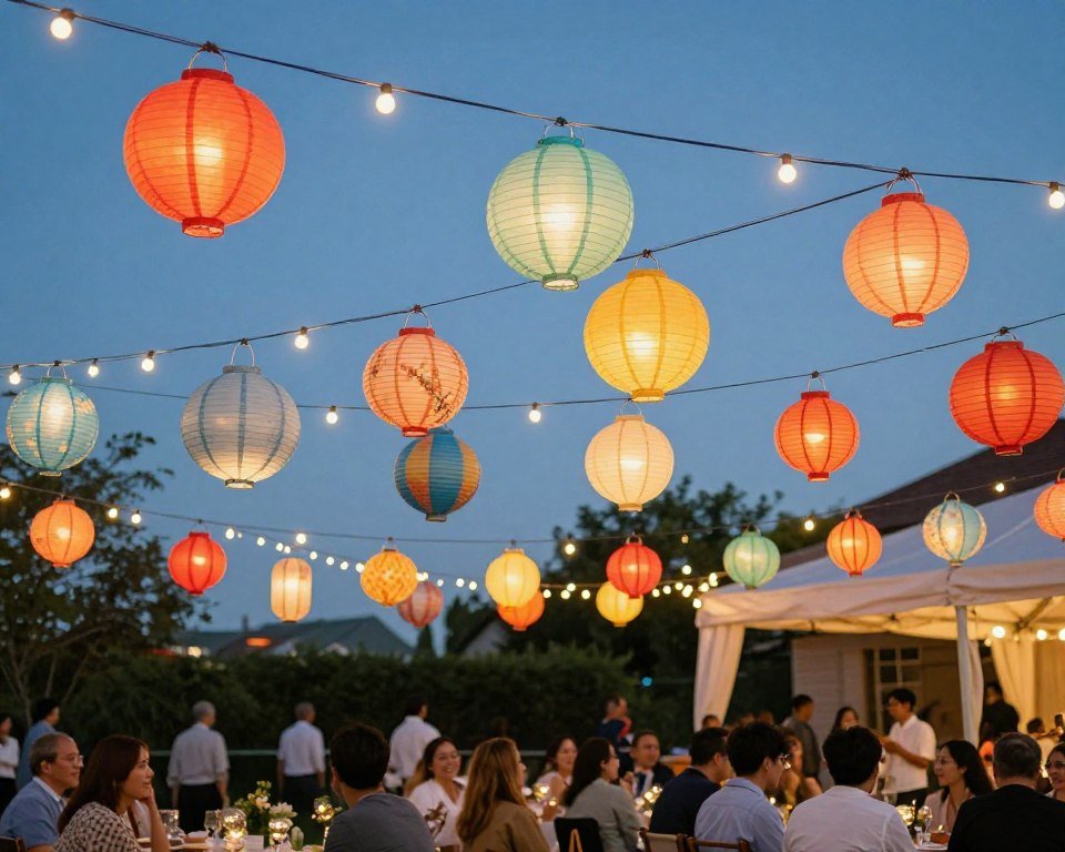 Colorful paper lanterns hanging at outdoor wedding reception