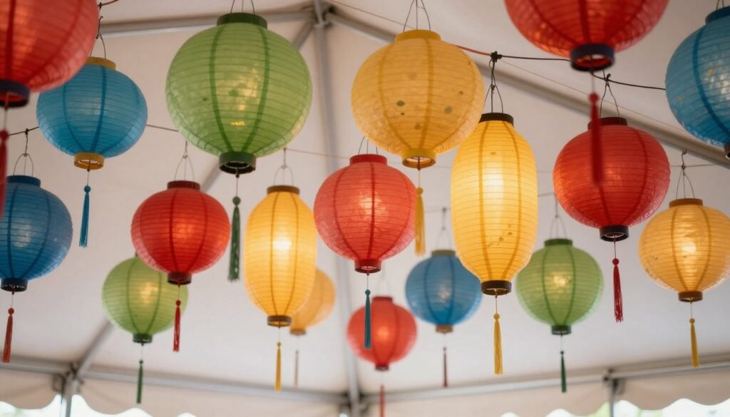 Colorful paper lanterns hanging from party tent ceiling