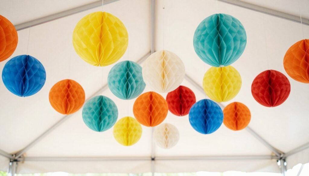 Colorful paper pom-poms and honeycomb decorations hanging from tent ceiling