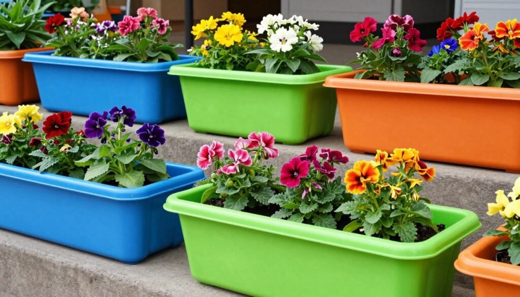Colorful plastic planter boxes arranged on garden steps with bright annual flowers Colorful plastic planter boxes arranged on garden steps with bright annual flowers