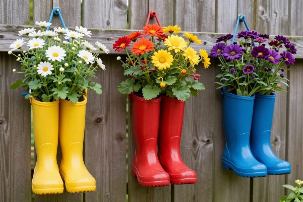 Colorful rain boots repurposed as planters hanging on a fence with bright flowers Colorful rain boots repurposed as planters hanging on a fence with bright flowers