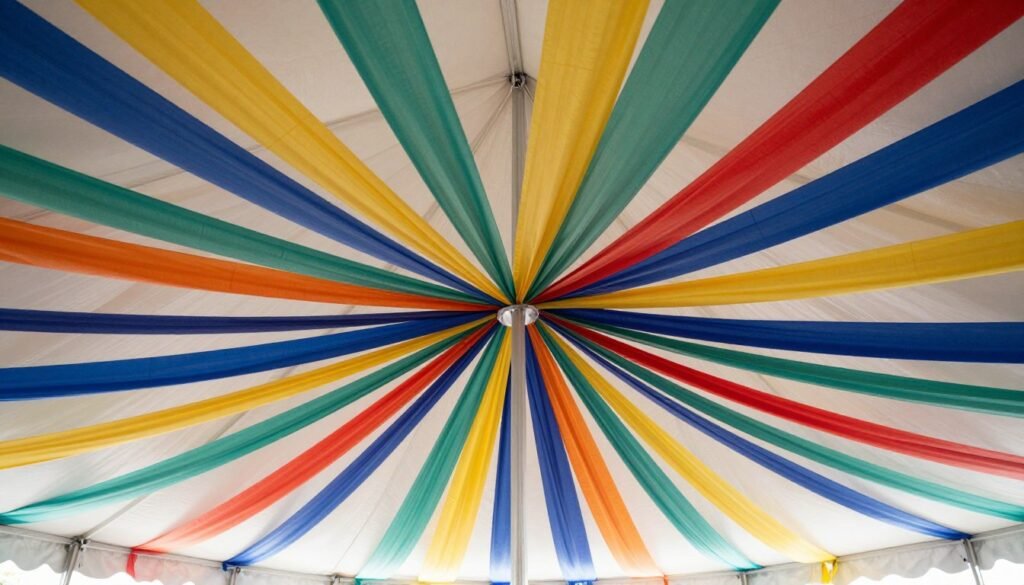 Colorful ribbons arranged in a starburst pattern from tent ceiling