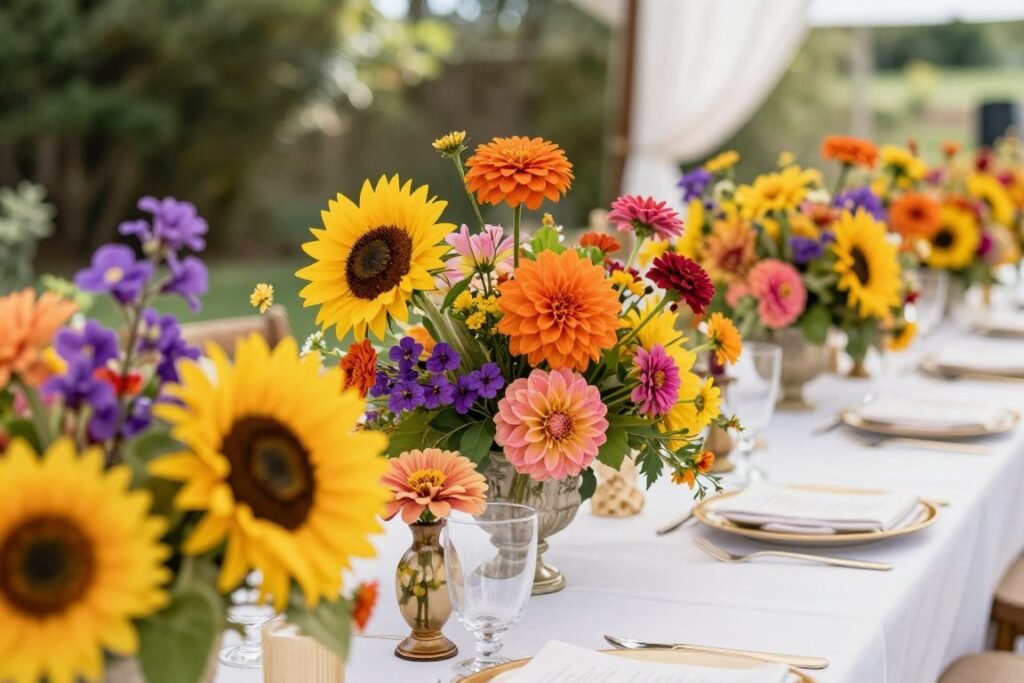 Colorful summer wedding reception with bright flowers