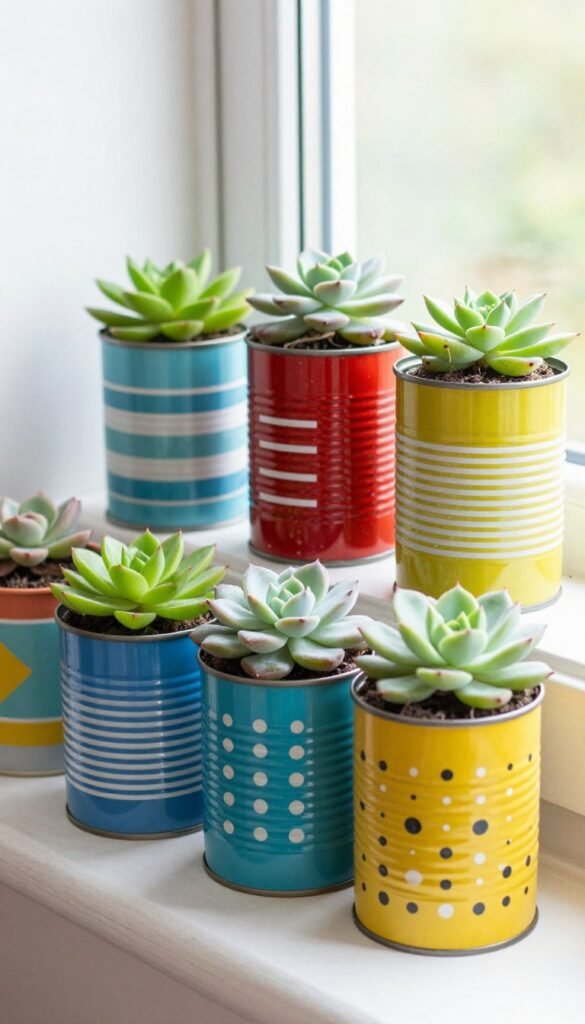 Colorful upcycled tin can planters with painted patterns holding small succulents