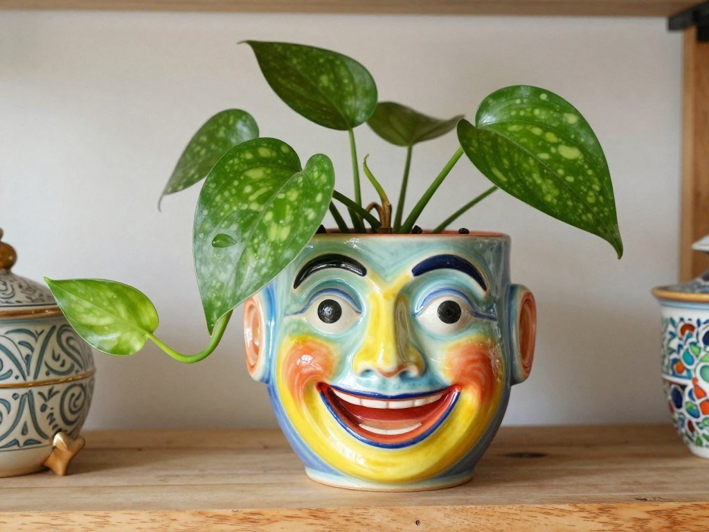 Colorful whimsical face pot with exaggerated features and a trailing plant Colorful whimsical face pot with exaggerated features and a trailing plant